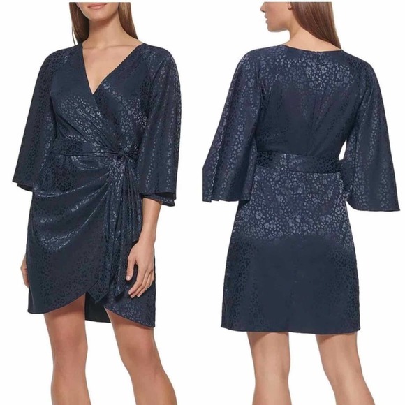 DKNY Animal Printed Side Tie Mini Dress Size 14 Navy - Picture 1 of 12